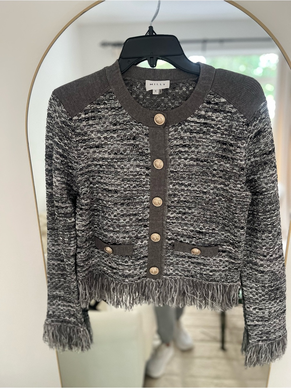 Milly Charcoal Gray Tweed Fringe Button Cardigan Jacket with Gold Buttons